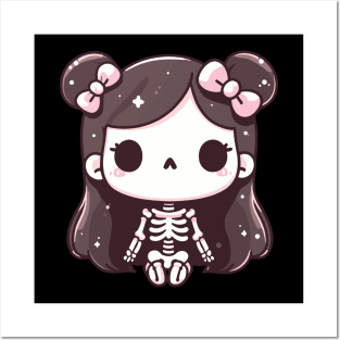 Cute Kawaii Style Halloween Skeleton Girl | Halloween Cute Design for Girls Posters and Art